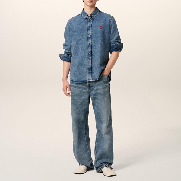 AMI Denim De Coeur Logo-Embroidered Shirt - M