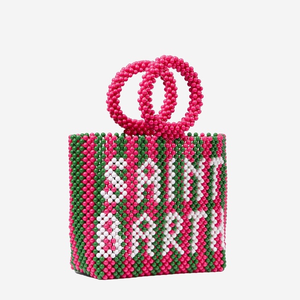 Beaded Handbag With Pink And Green Stripes