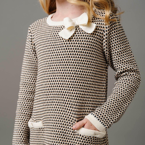 Little Girls Organic Long Sleeve Bow Detail Tweed Sweater Dress