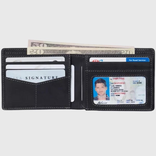 Mens Commuter RFID Bifold Wallet 2 ID Windows Divided Bill Section