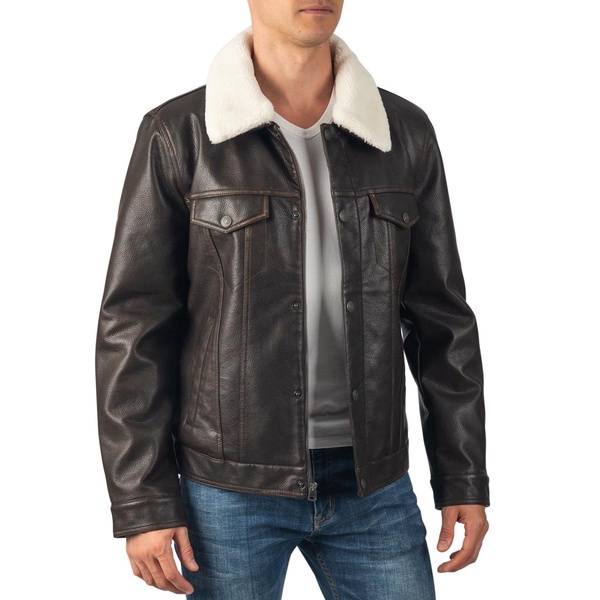 Aaron Mens Fitted Trucker Jacket Sherpa Collar Faux Leather Casual Coat