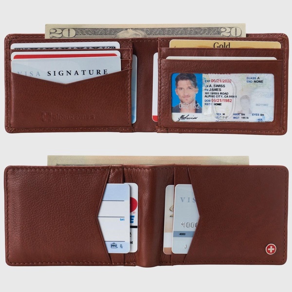 Mens Slimfold Wallet RFID Safe Bifold Genuine Leather ID Window