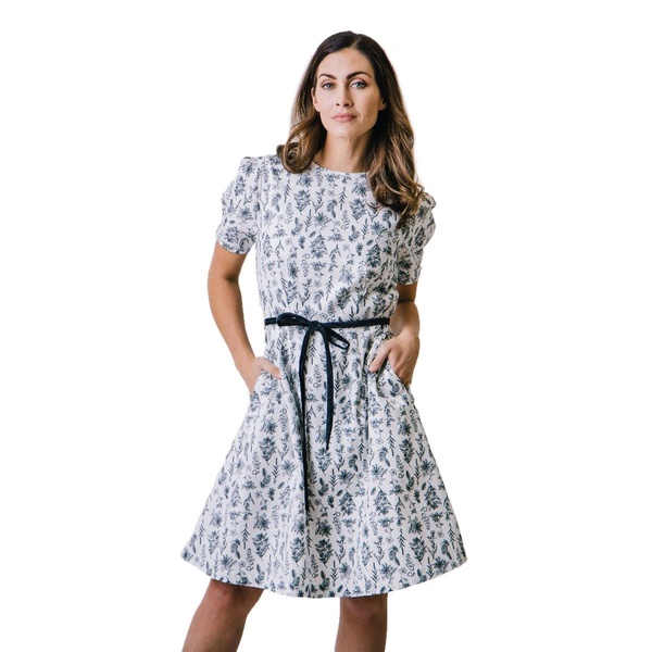 Womens' Short Pleated Sleeve Woven Dress with Waist Tie