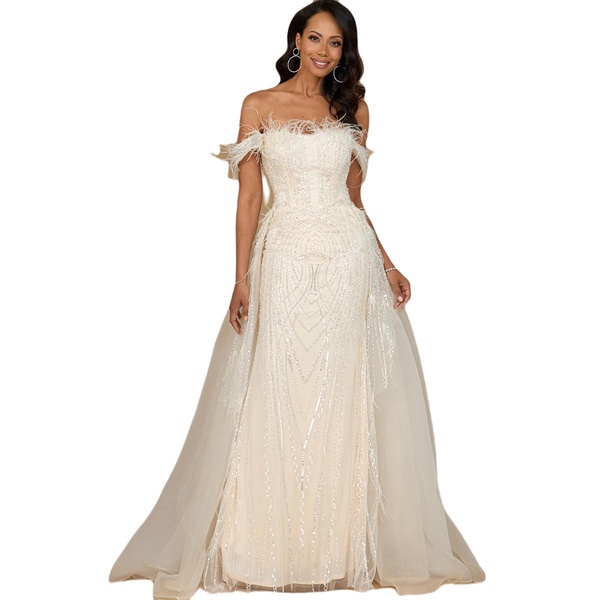Women's Illusion Neck, Long Bell Sleeve Gown