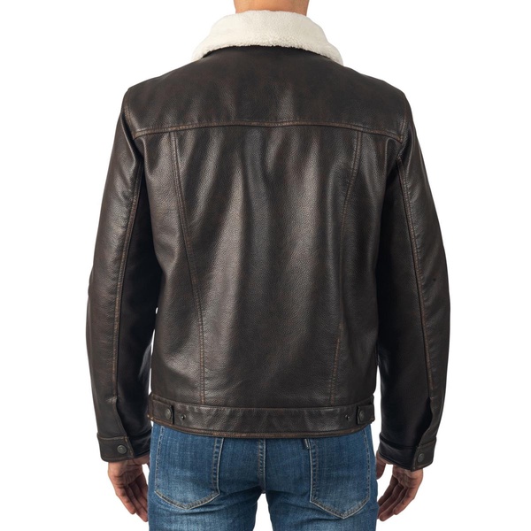 Aaron Mens Fitted Trucker Jacket Sherpa Collar Faux Leather Casual Coat