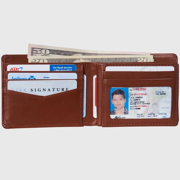 Mens RFID Protected Leather Wallet Center Flip Commuter Bifold 2 ID