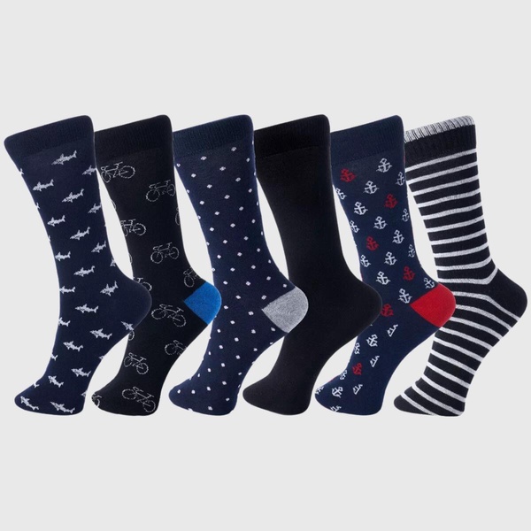 6 Pack Mens Cotton Dress Socks Mid Calf Argyle Pattern Solids Set