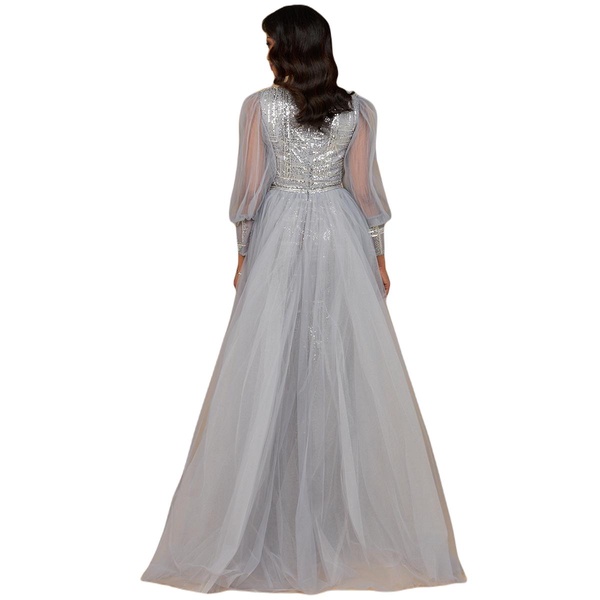 Women's Long Sleeve Lace Gown with Removable Over Skirt