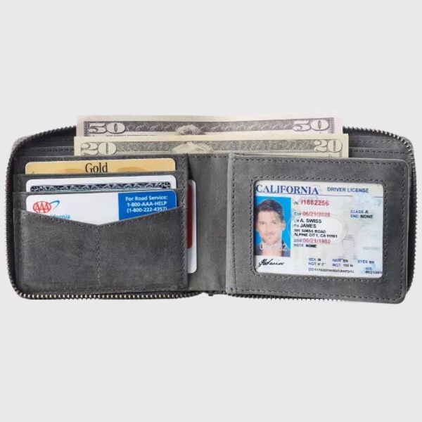 Unisex RFID Safe Zipper Wallet Genuine Leather Zip Around Bifold
