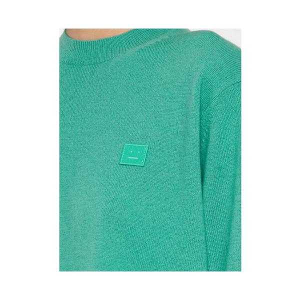 Green Wool Ribbed Sweater with Iconic Face Appliqué