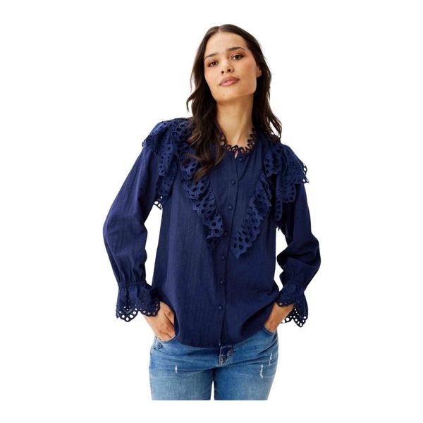 Navy Shirt with Embroidered Ruffle Details