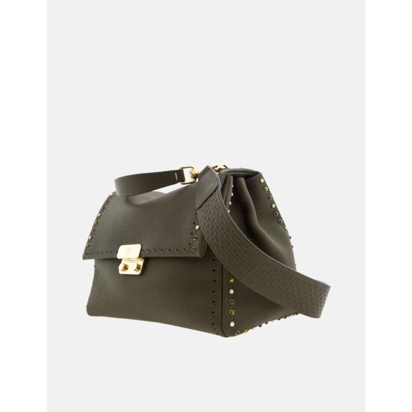 Khaki Leather Shoulder Bag with Colorful Stones