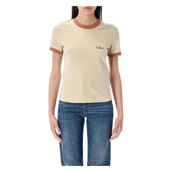 Beige Blossom T-Shirt with Logo Print