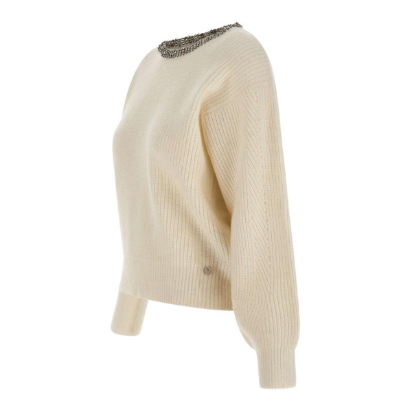 White Ribbed Wool Sweater with Rhinestones