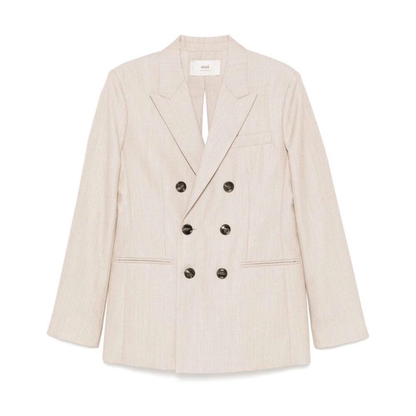Beige Wool Double-Breasted Blazer Jacket