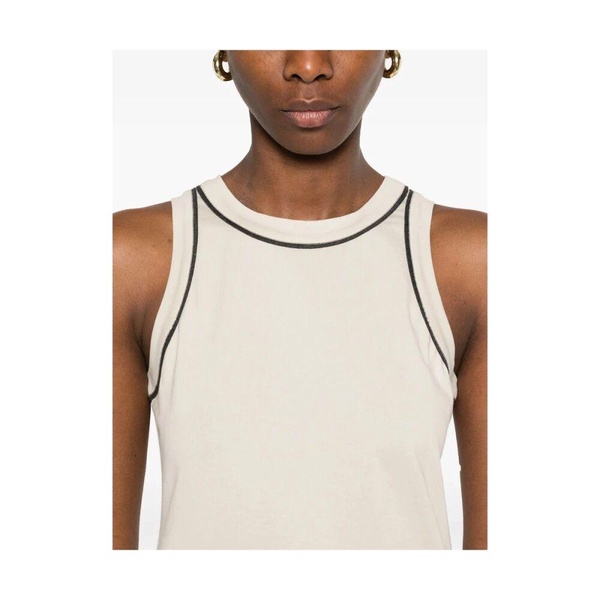 Beige Crew Neck Sleeveless Bead Top