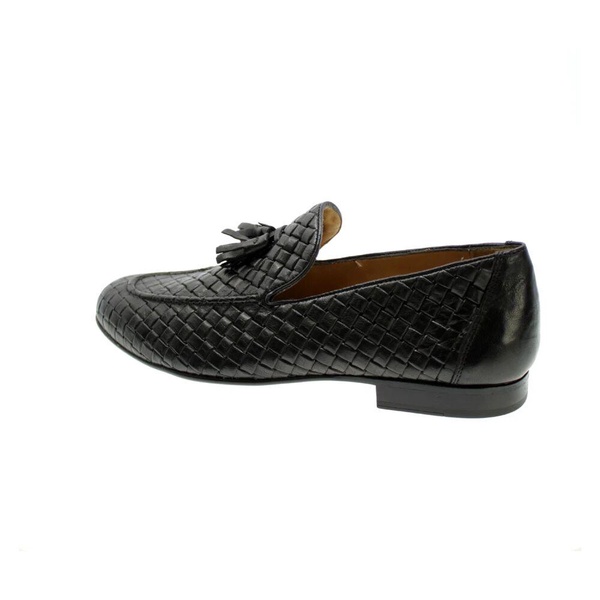 Black Leather Woven Loafers
