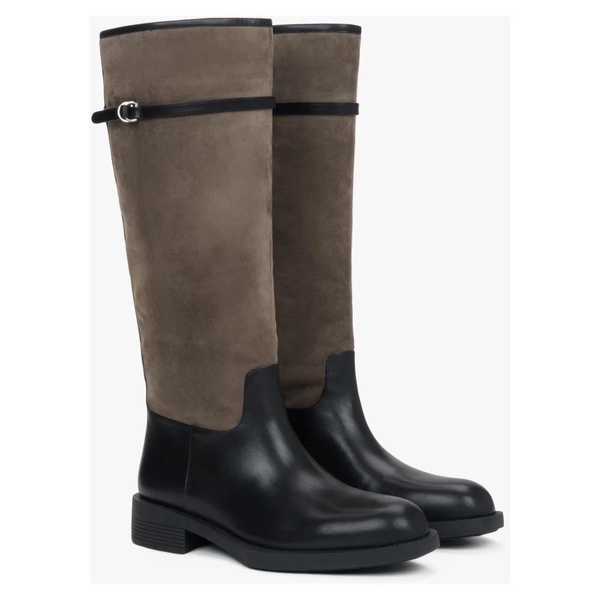 Women's Beige and Black Knee-High Boots made of Velour & Genuine Leather Estro ER00116685