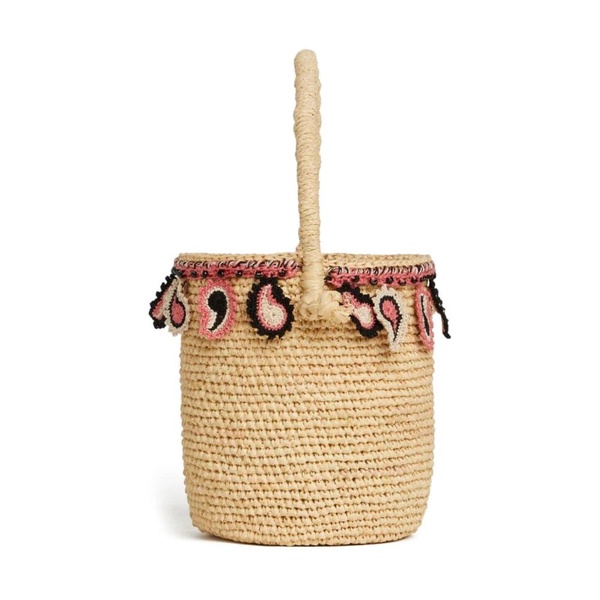 Beige Raffia Top Handle Bag with Paisley Motif
