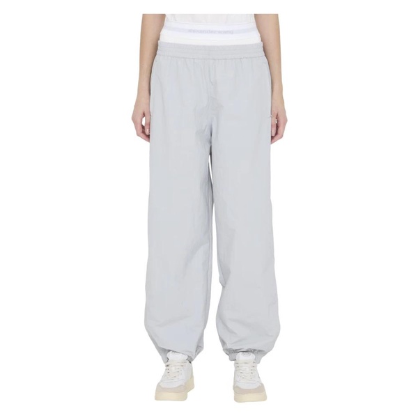 Grey Crinkle Nylon Track Pants with Elastic Waistband
