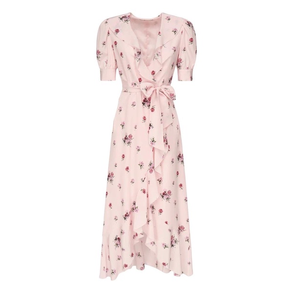 Rose Print Silk Wrap Dress with Belt