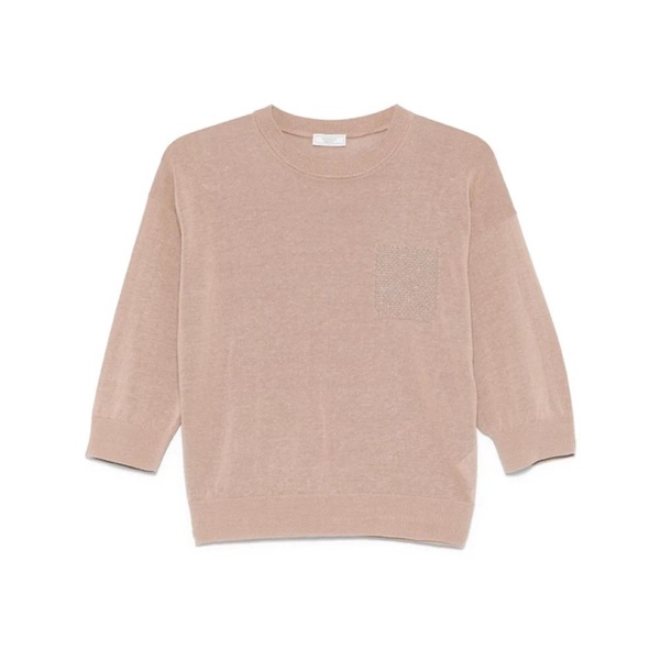 Brown Bead-Detailing Sweater with Ribbed Hem