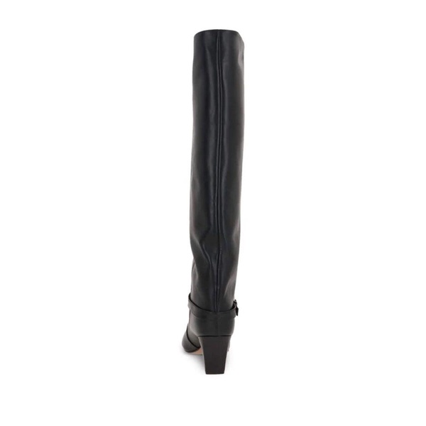 Long, pointed knee-high boots in smooth black leather