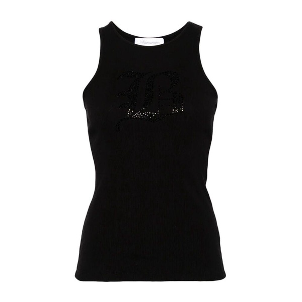 Black Ribbed Knit Top with Rhinestone Embellishment