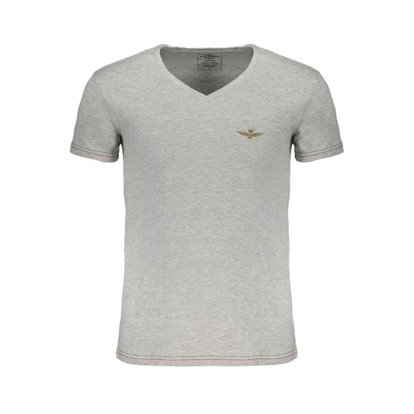Gray Cotton V-Neck T-Shirt with Print