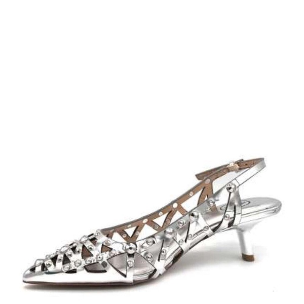 Studded Silver Leather Slingback Heels