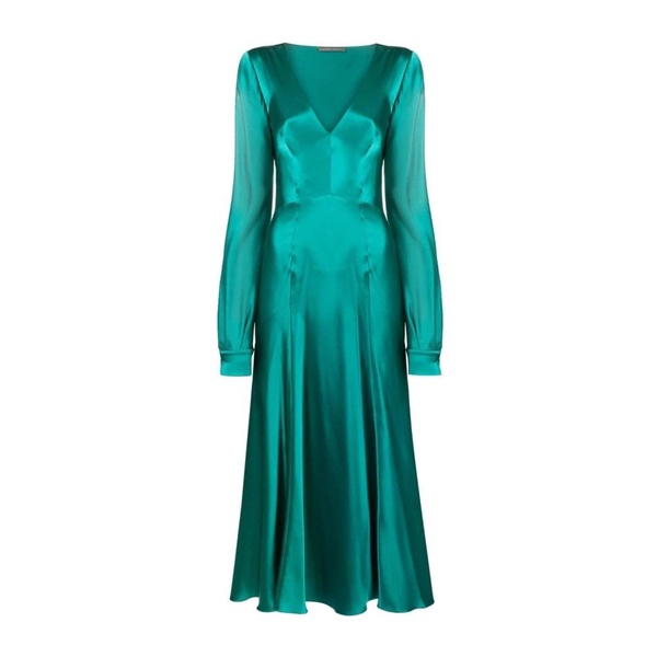 Green Silk V-Neck Maxi Dress
