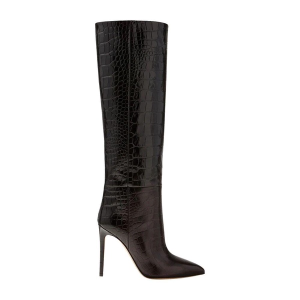 Black Crocodile-Effect Knee-High Stiletto Boots