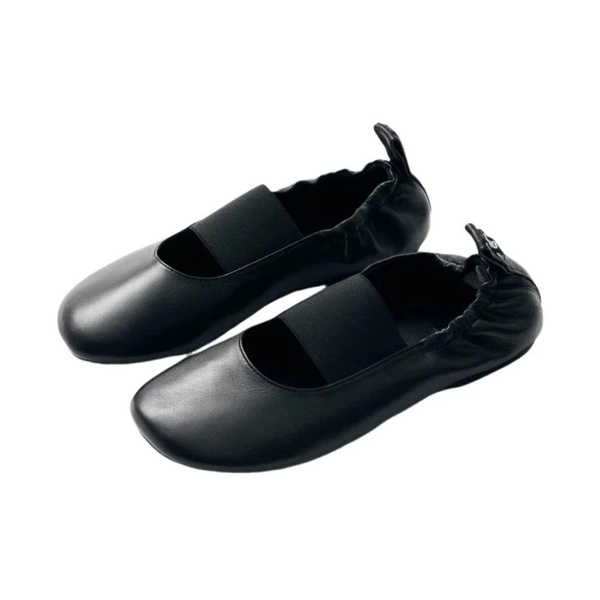 Black Leather Ballerina Shoes Elastic