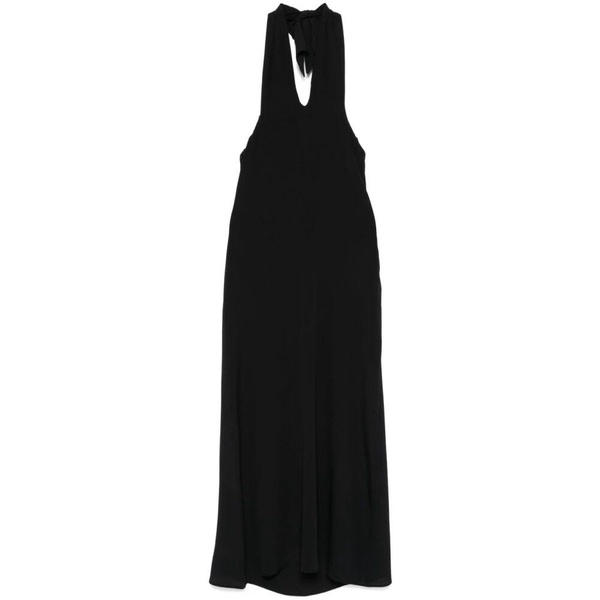Black Crepe Midi Dress with Neck Tie