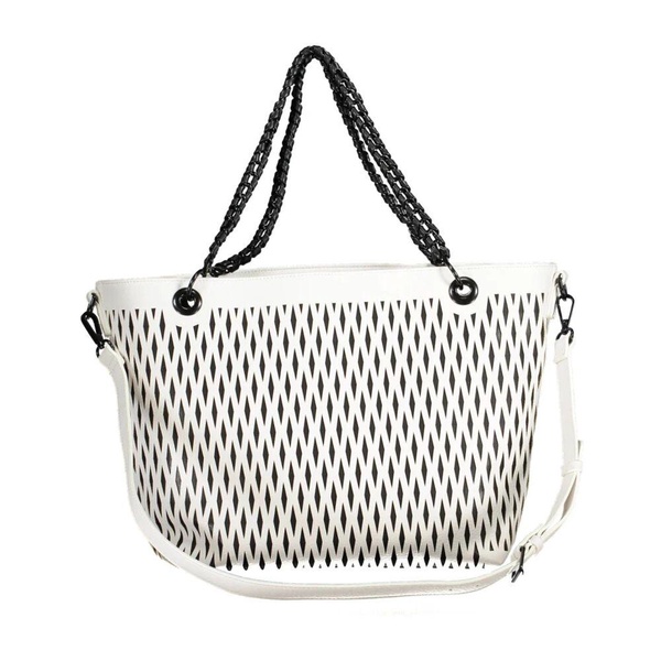 White Handbag with Chain Handles and Contrasting Details