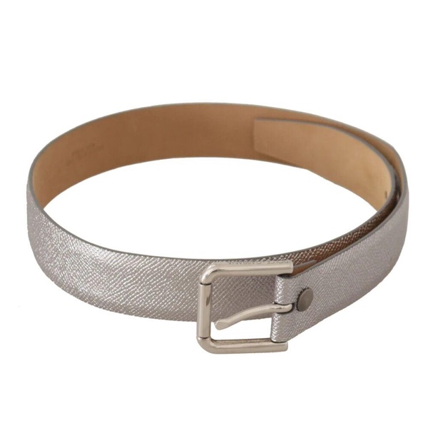 Silver Metallic Leather Waist Belt with Metal Buckle