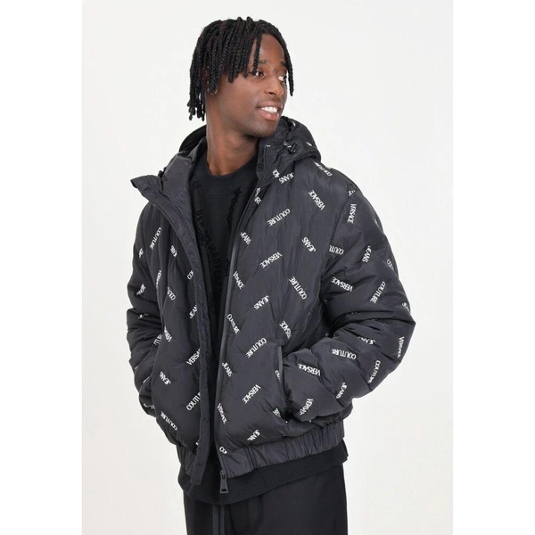 Black Puffer Coat with Logo Embroidery