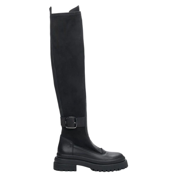 Black Velour & Leather Knee-High Boots