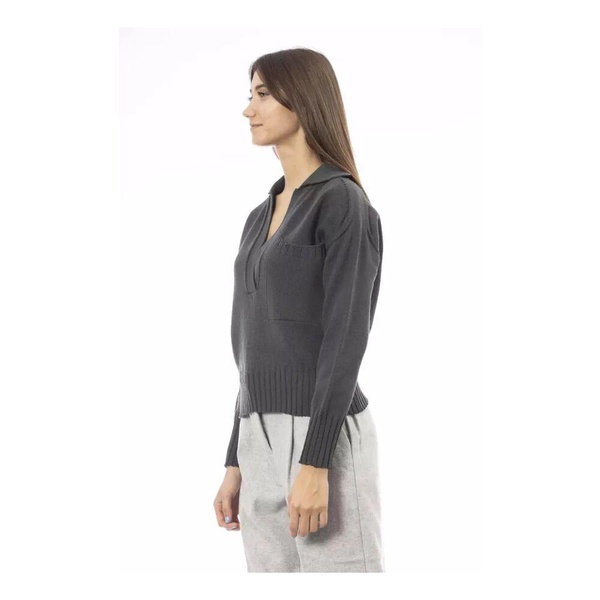 Green Wool V-Neck Sweater with Front Pocket
