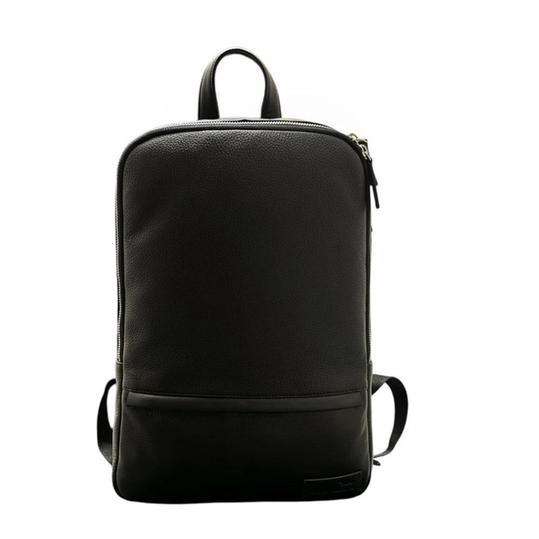 BLACK LEATHER MEN'S BACKPACK WITH TONE-ON-TONE LOGO ON THE FRONT