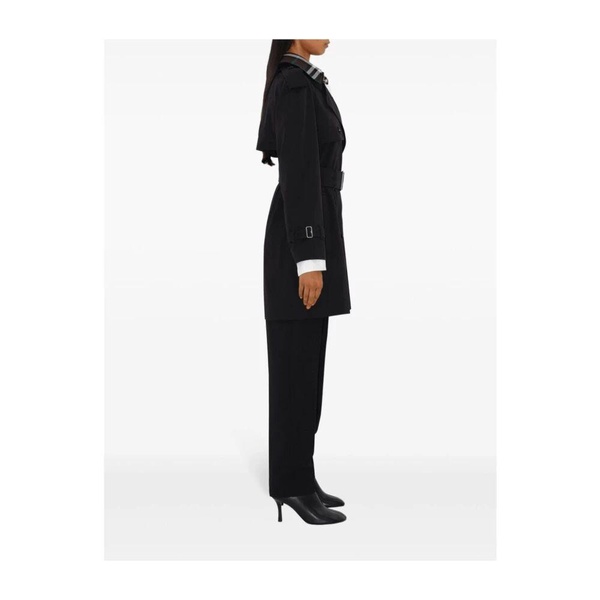 Black Cotton Trench Coat with Check Pattern
