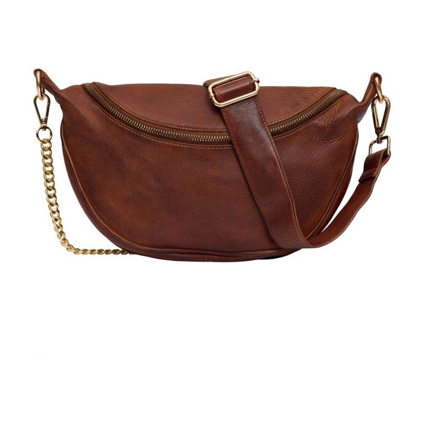 Dark Cognac Bumbag with Zipper and Light Gold Accents