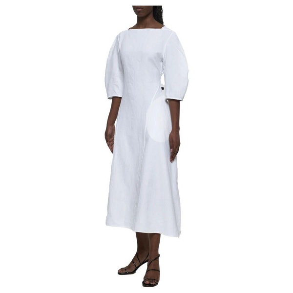 White Linen Midi Dress with Sleeves