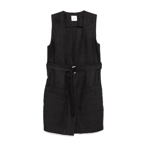 Black Sleeveless V-Neck Sweater with Belt