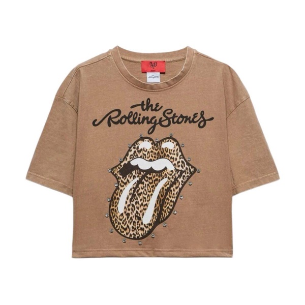 Cropped Cotton T-shirt with Print and Applications