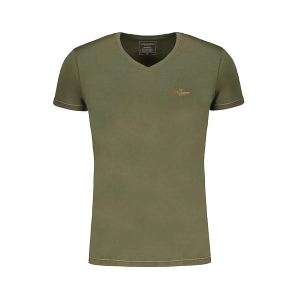 Green Cotton V-Neck T-Shirt with Print