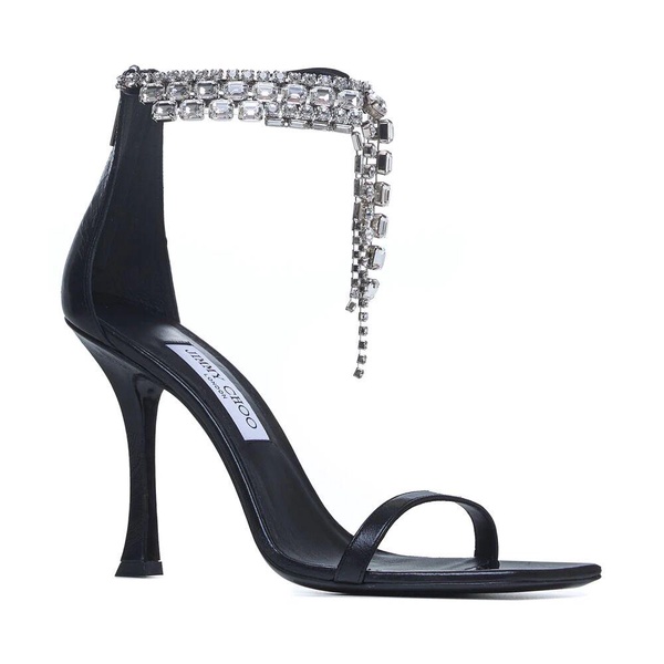 Black Heeled Leather Sandals with Crystals