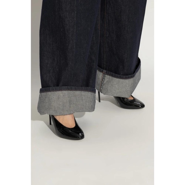Patent heeled mules