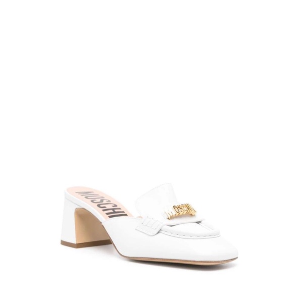 White Leather Sandals with Square Toe and Mid Block Heel