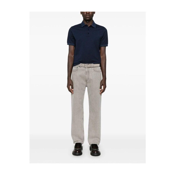Navy Blue Striped Short Sleeve Polo
